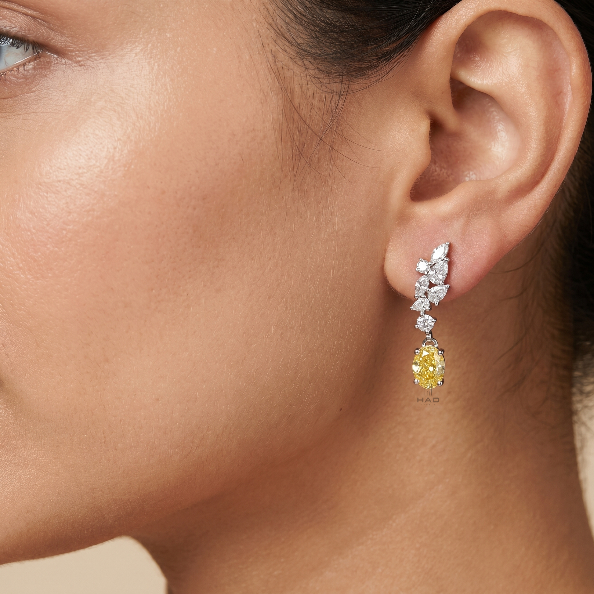Oval Cut Yellow Lab Diamond Marquise Cluster Drop Earrings