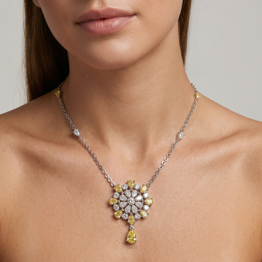 Multi Yellow Pear Lab Diamond Geometric Circle Pendant Chain Necklace