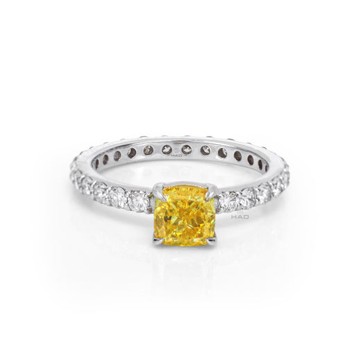 Cushion Cut Yellow Lab Diamond Engagement Ring with Eternity Band