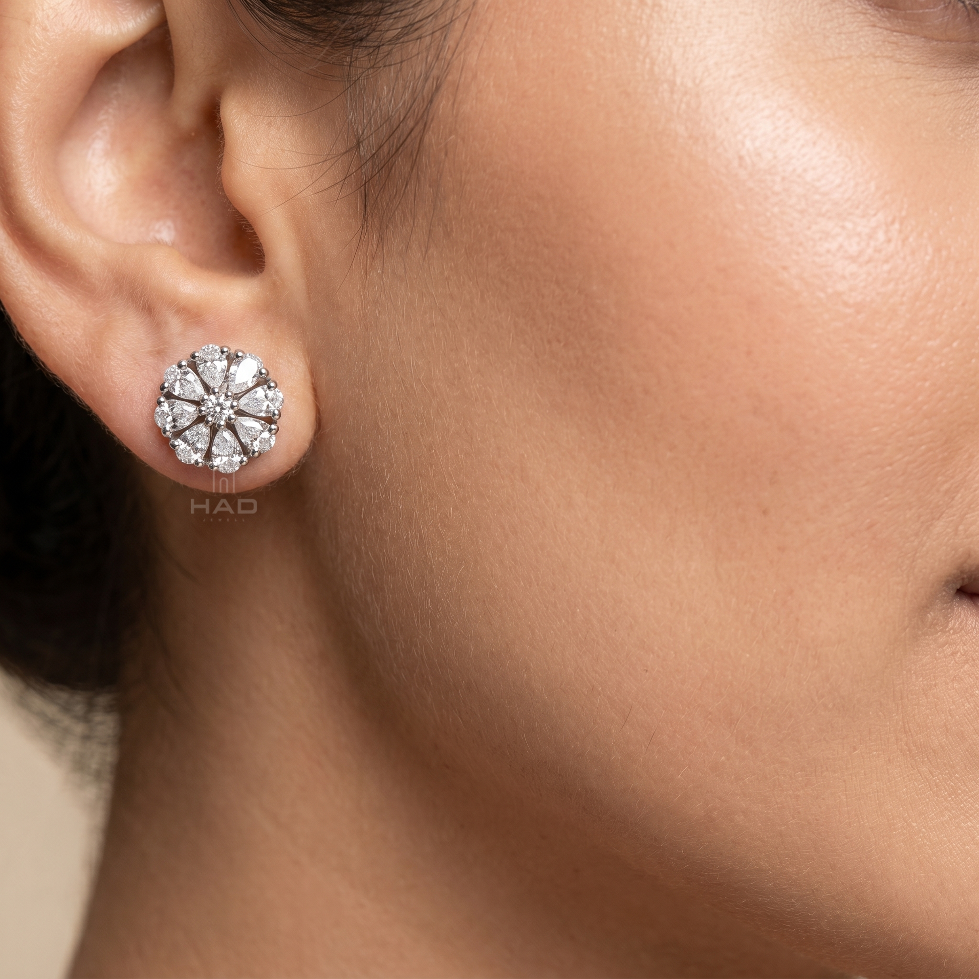 Pear Cut Lab Diamond Flower Rosette Cluster Stud Earrings