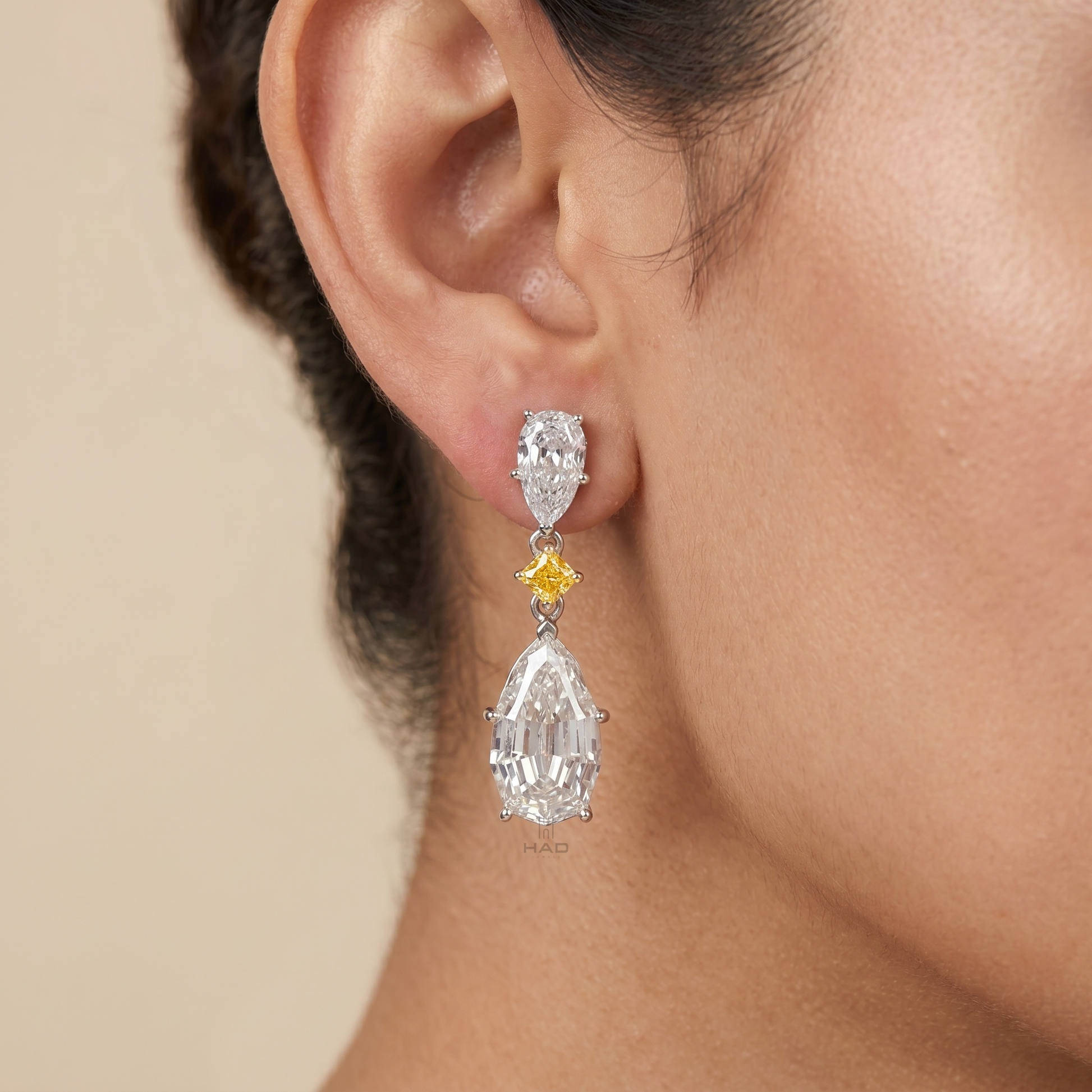 Double Pear Lab Grown Diamond Earrings with Yellow Round Link