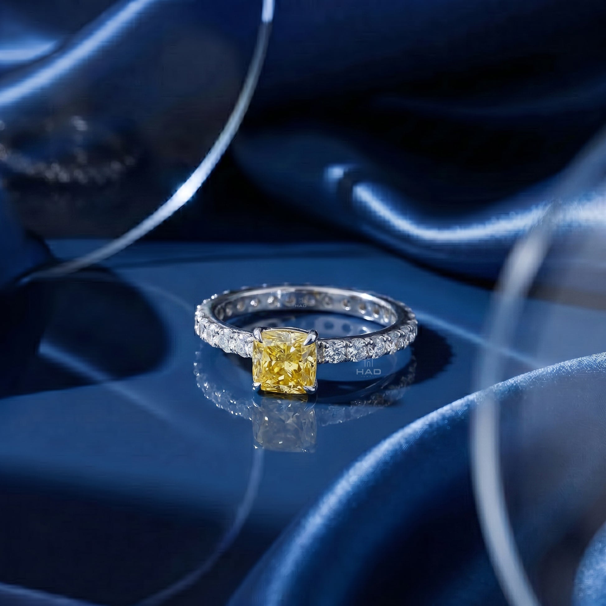 Cushion Cut Yellow Lab Diamond Engagement Ring with Eternity Band