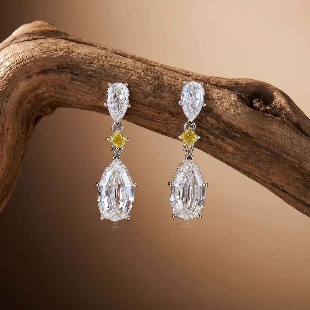Double Pear Lab Grown Diamond Earrings with Yellow Round Link