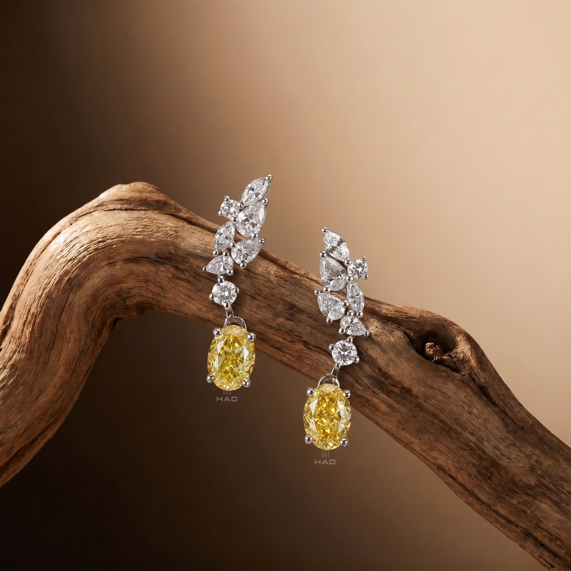 Oval Cut Yellow Lab Diamond Marquise Cluster Drop Earrings