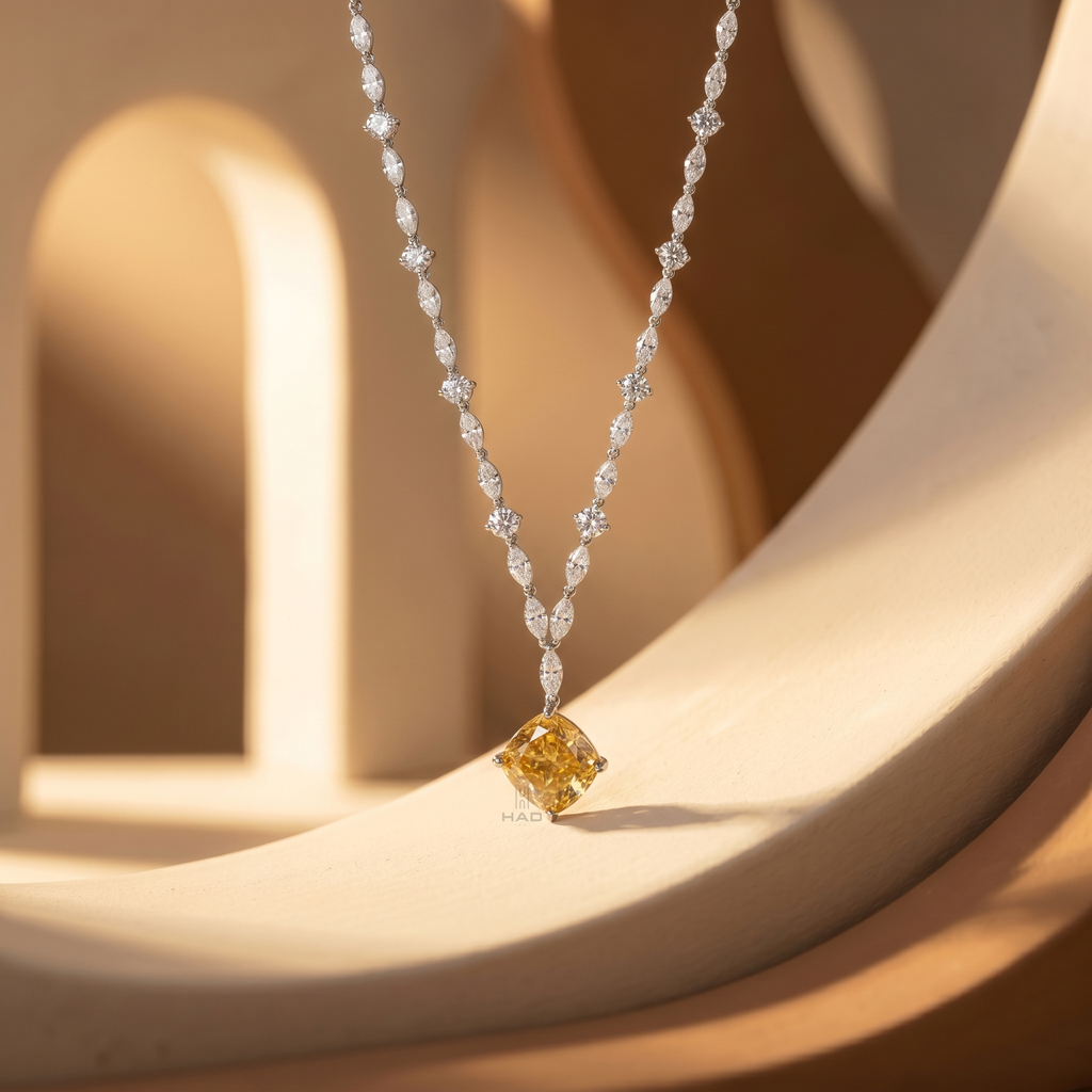Yellow Cushion Diamond Solitaire Pendant with Marquise Cluster Chain Necklace