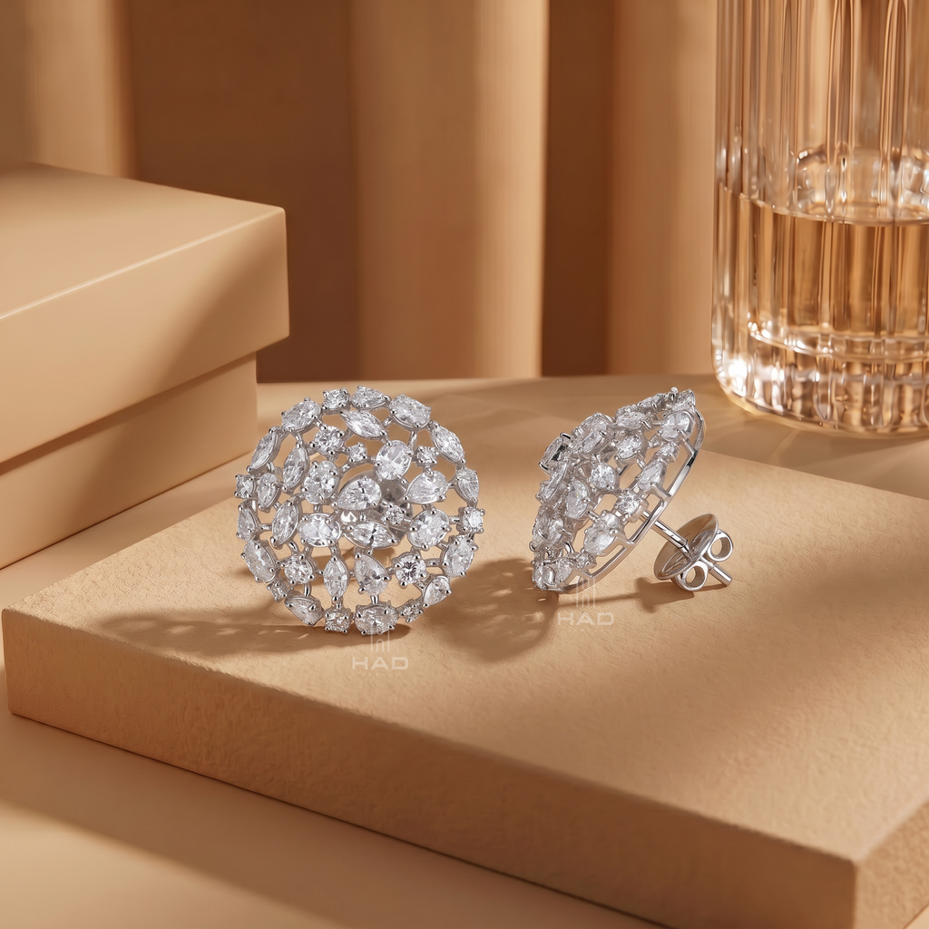 Mixed Cut Lab Diamond Geometric Disc Cluster Stud Earrings