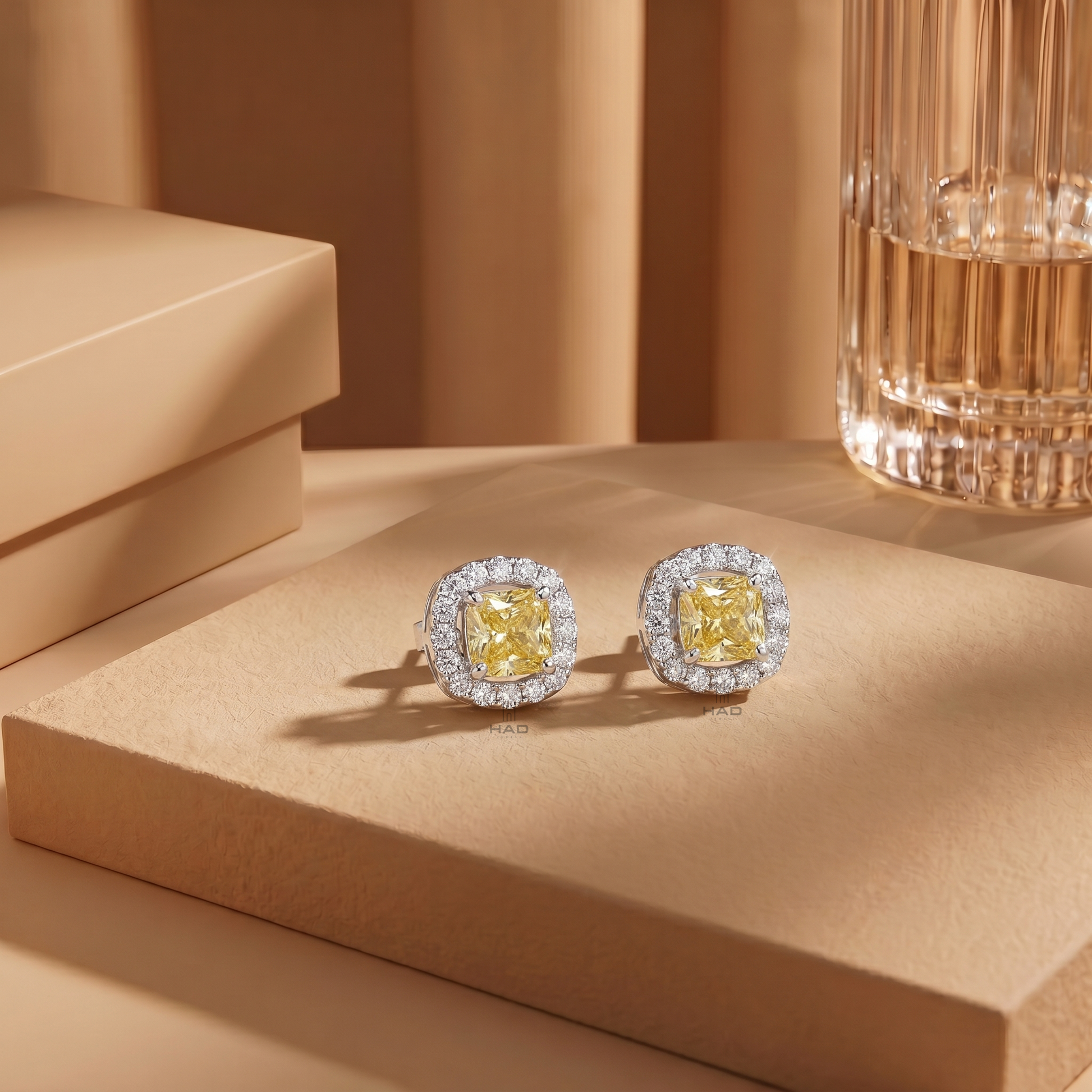 Canary Yellow Cushion Lab Diamond Pave Halo Stud Earrings