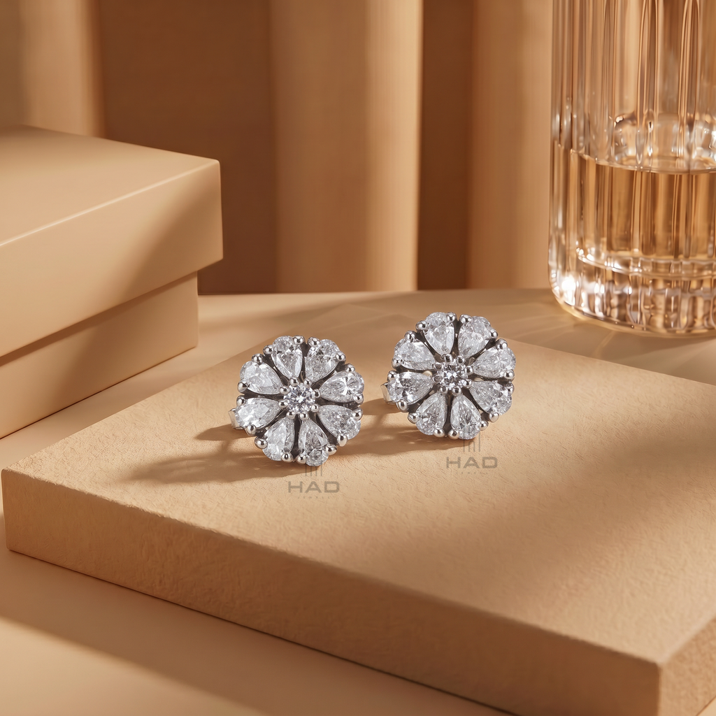 Pear Cut Lab Diamond Flower Rosette Cluster Stud Earrings