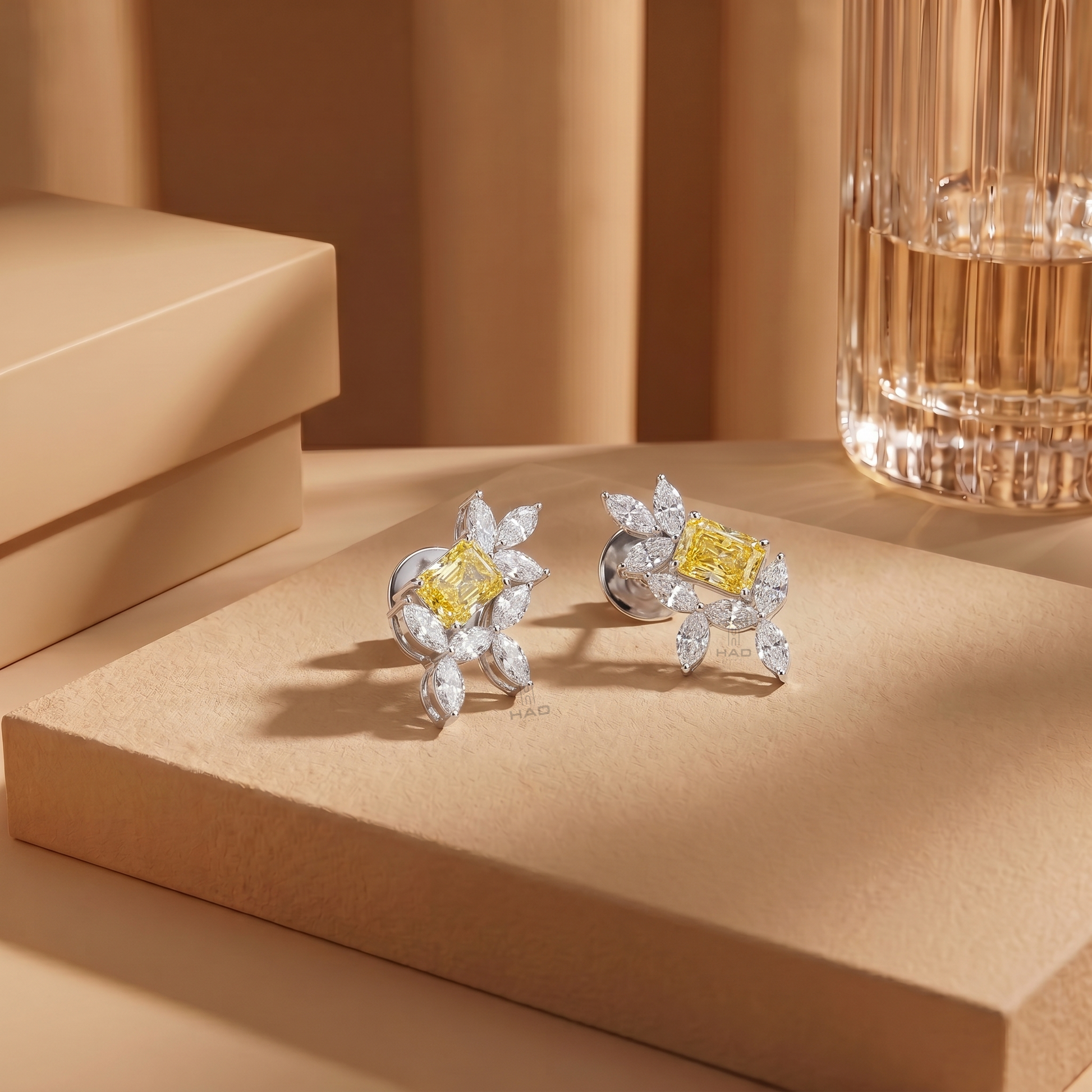 Yellow Radiant Lab Diamond Marquise Floral Branch Stud Earrings