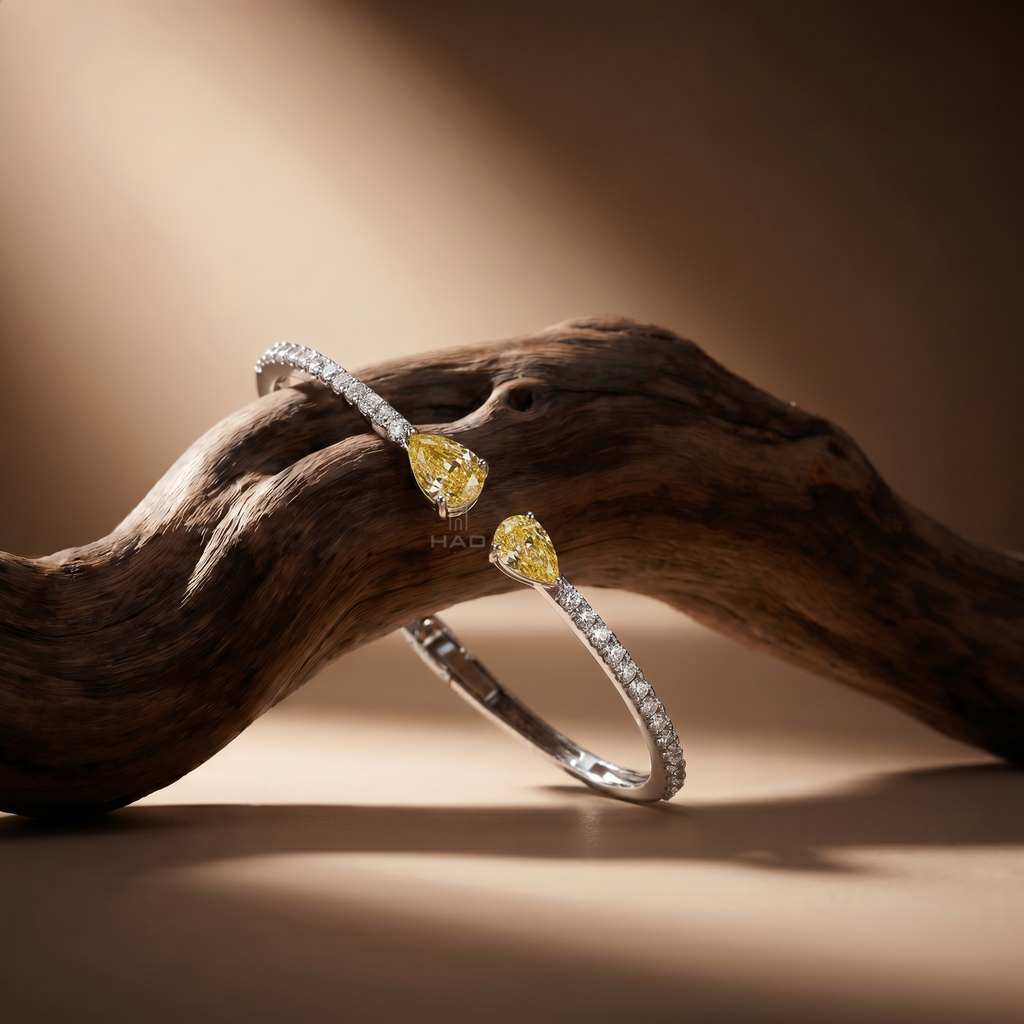 Double Yellow Pear Cut Lab Diamond Open Cuff Bracelet