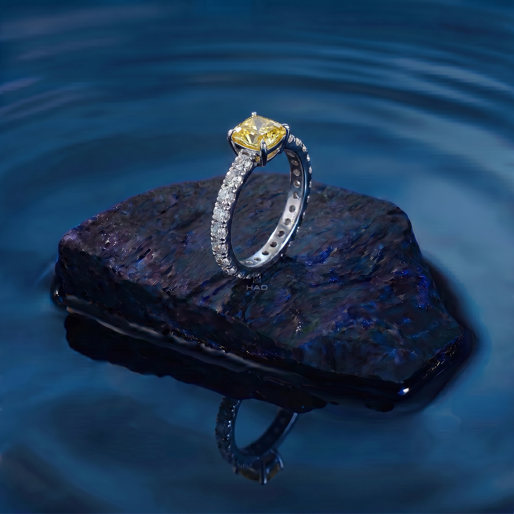 Cushion Cut Yellow Lab Diamond Engagement Ring with Eternity Band