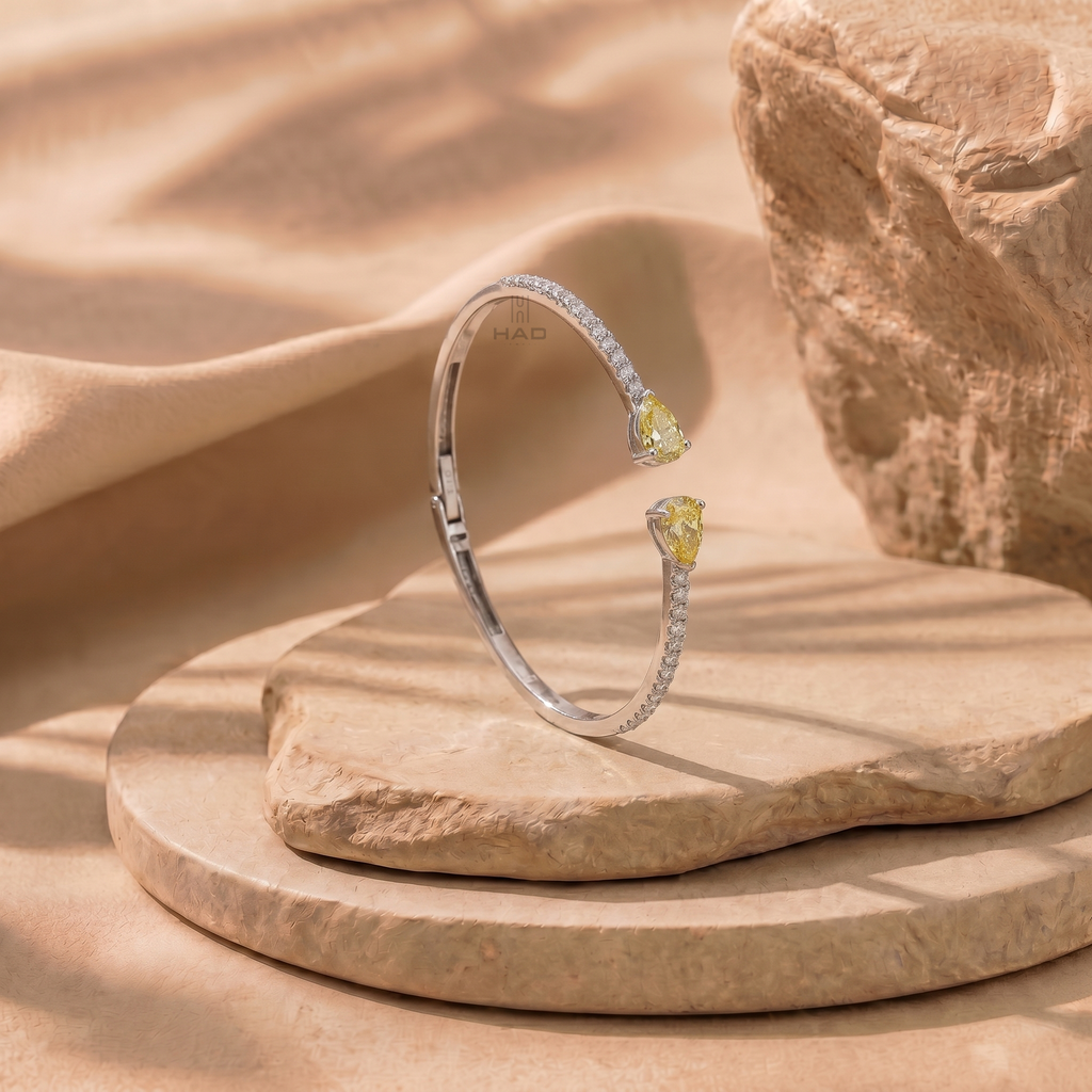 Double Yellow Pear Cut Lab Diamond Open Cuff Bracelet