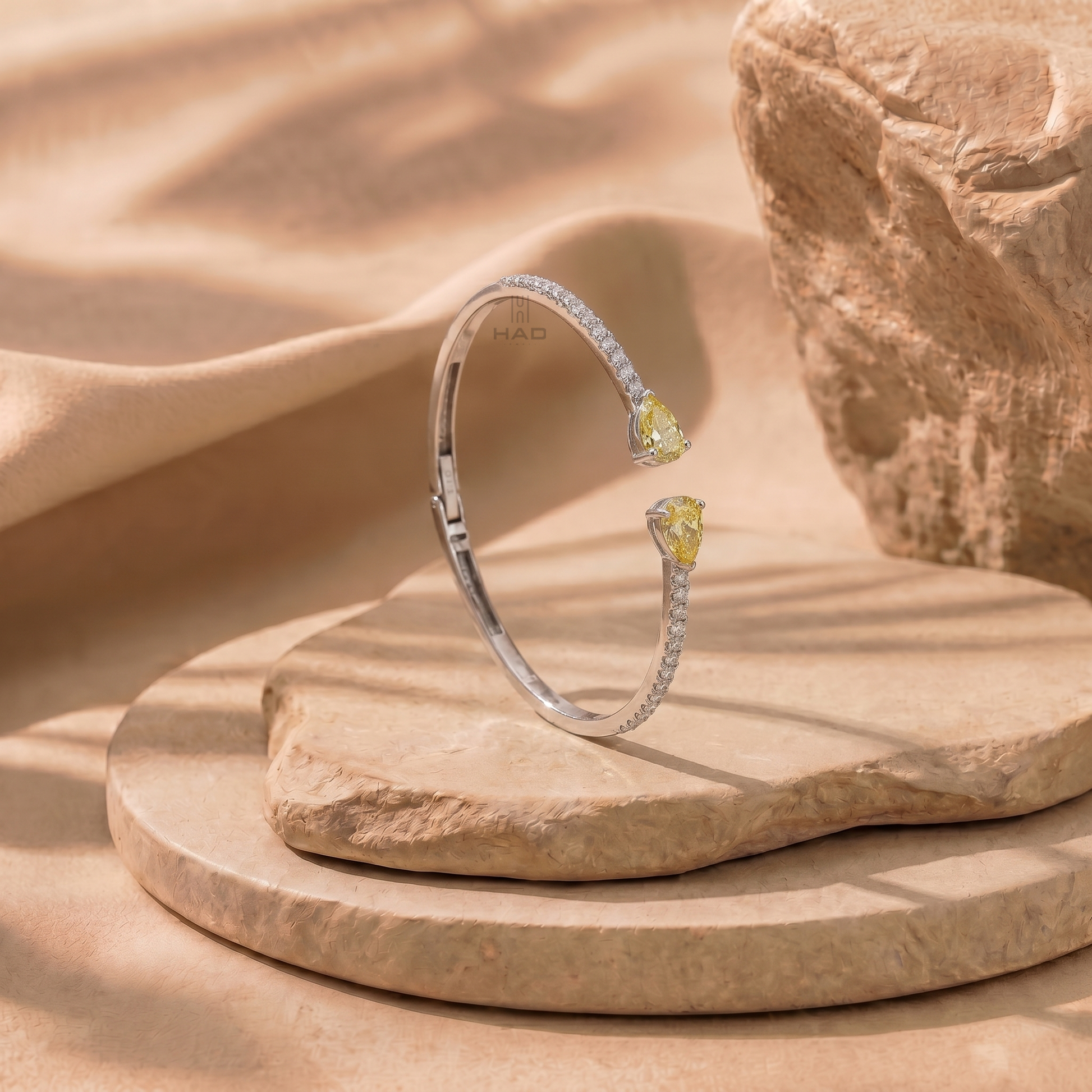 Double Yellow Pear Cut Lab Diamond Open Cuff Bracelet