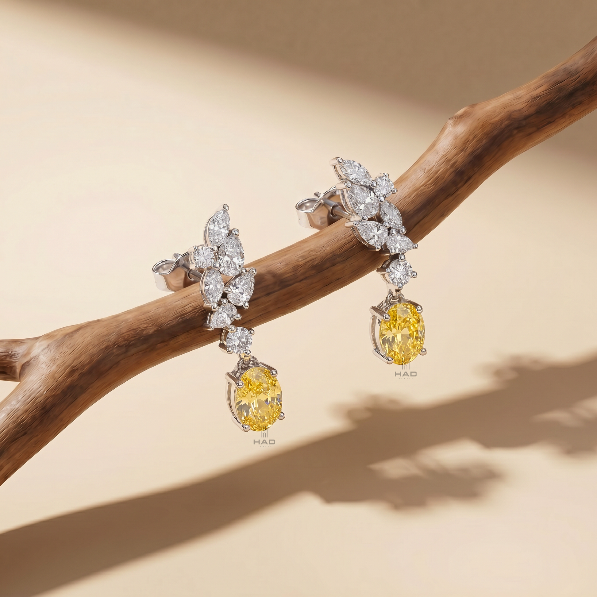 Oval Cut Yellow Lab Diamond Marquise Cluster Drop Earrings