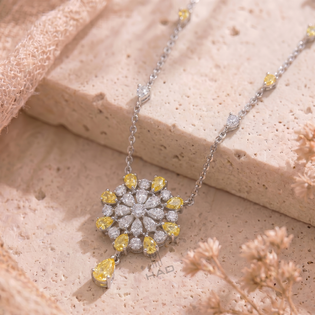 Multi Yellow Pear Lab Diamond Geometric Circle Pendant Chain Necklace