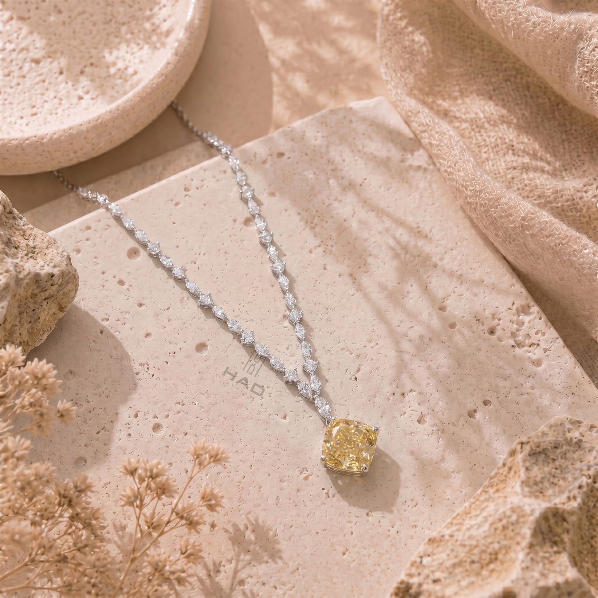 Yellow Cushion Diamond Solitaire Pendant with Marquise Cluster Chain Necklace