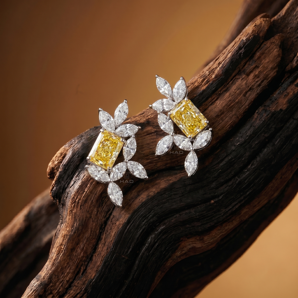 Yellow Radiant Lab Diamond Marquise Floral Branch Stud Earrings