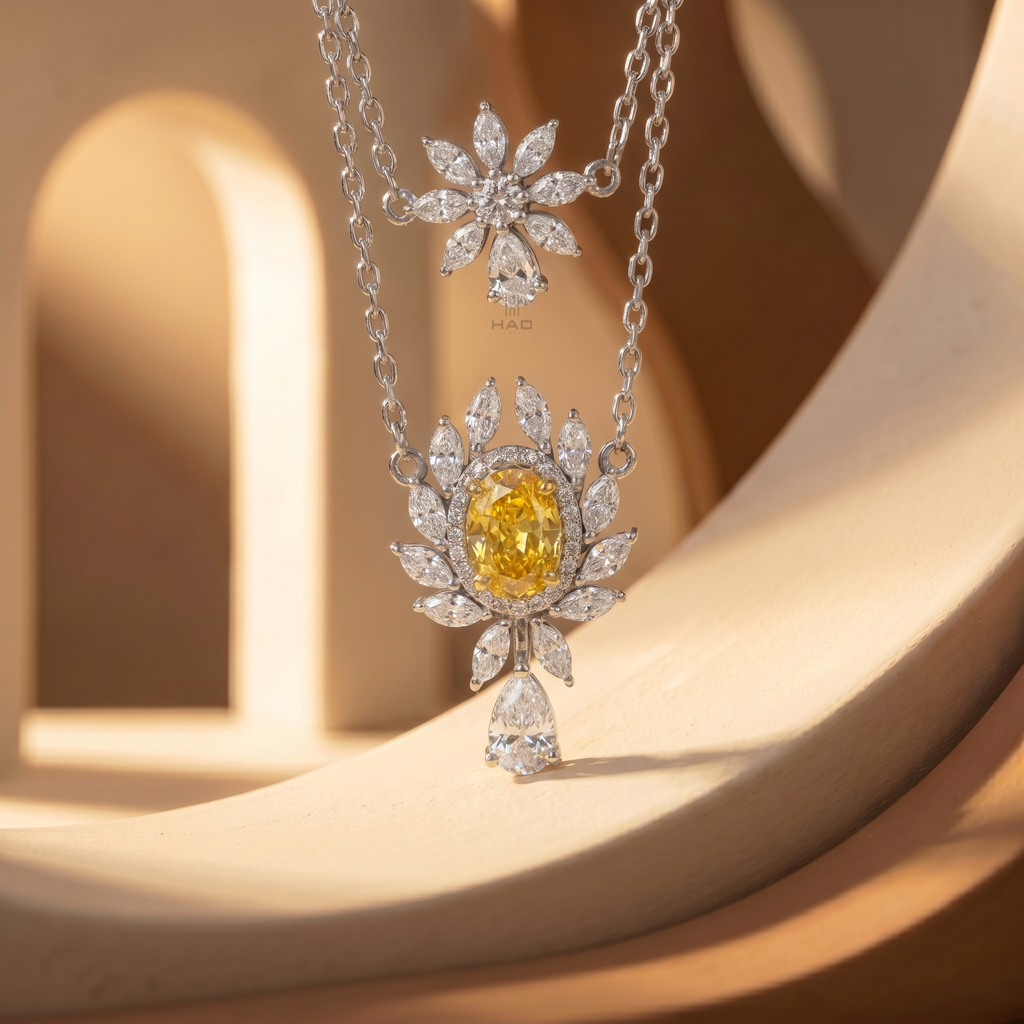 Yellow Oval Diamond Pendant with Chain Necklace