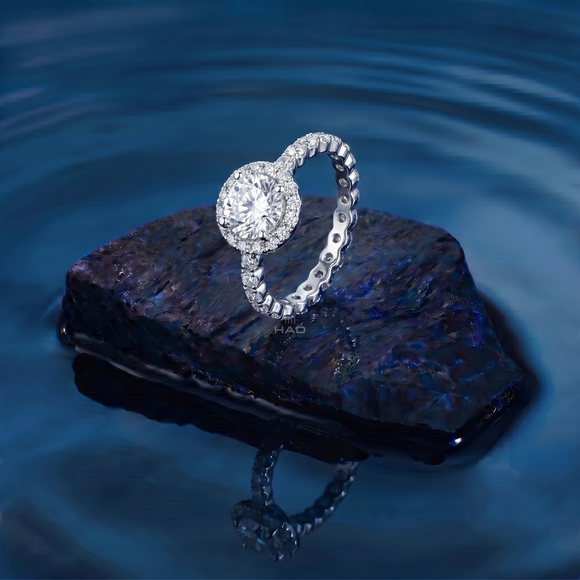 Round Brilliant Cut Lab Diamond Halo Engagement Ring with Eternity Band
