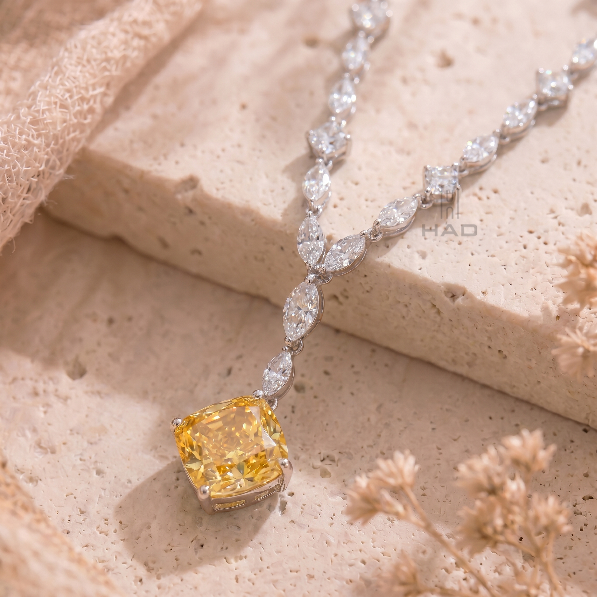 Yellow Cushion Diamond Solitaire Pendant with Marquise Cluster Chain Necklace