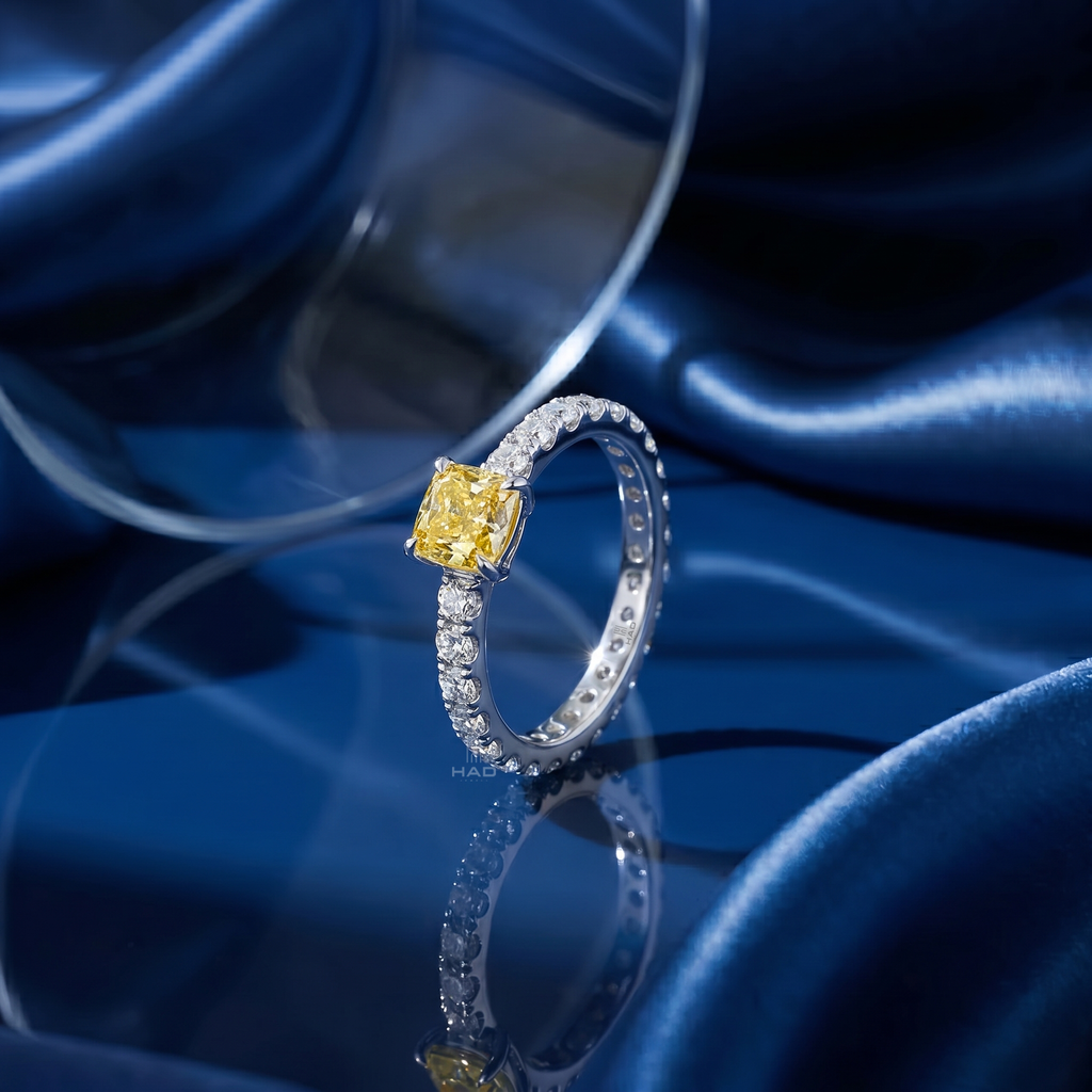 Cushion Cut Yellow Lab Diamond Engagement Ring with Eternity Band