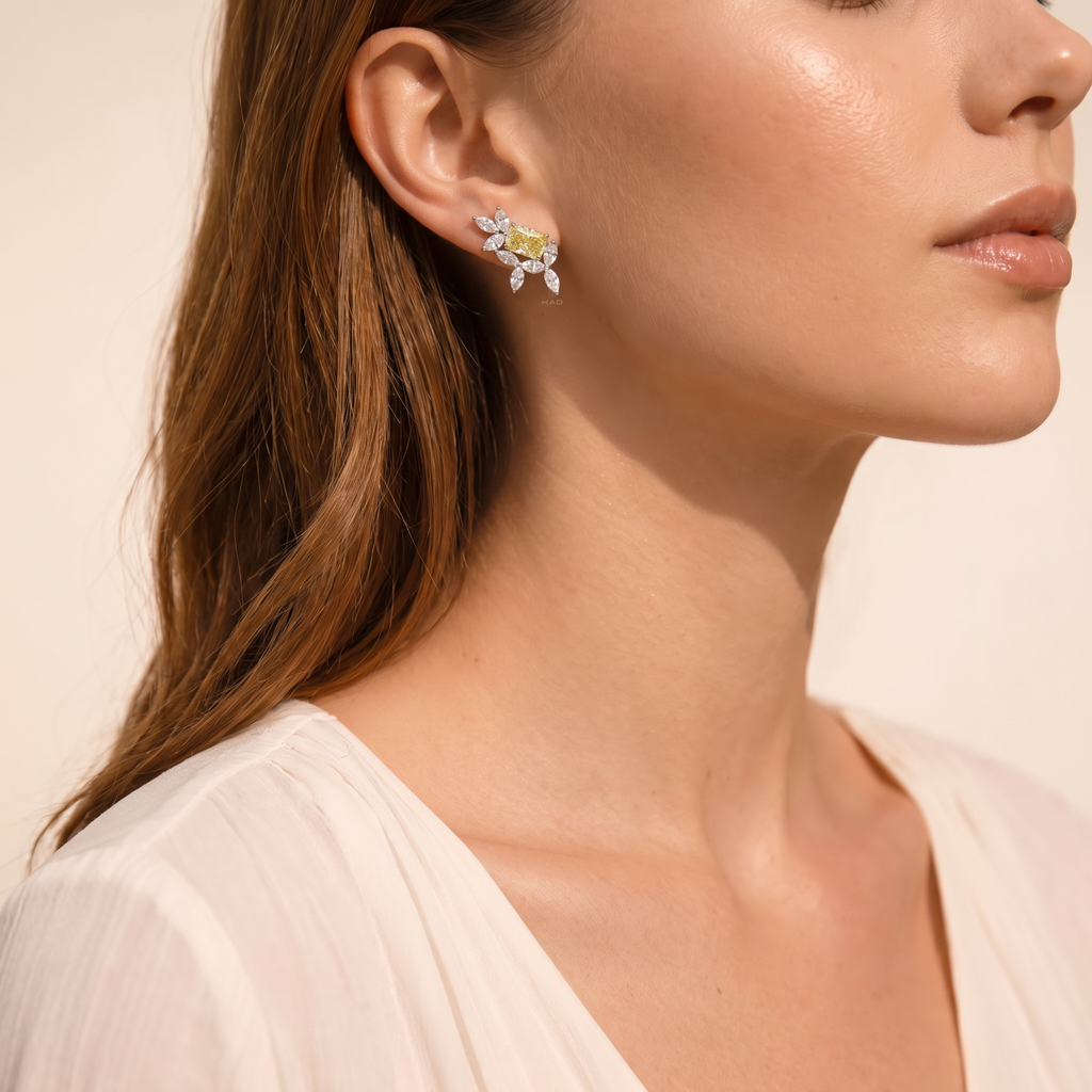 Yellow Radiant Lab Diamond Marquise Floral Branch Stud Earrings
