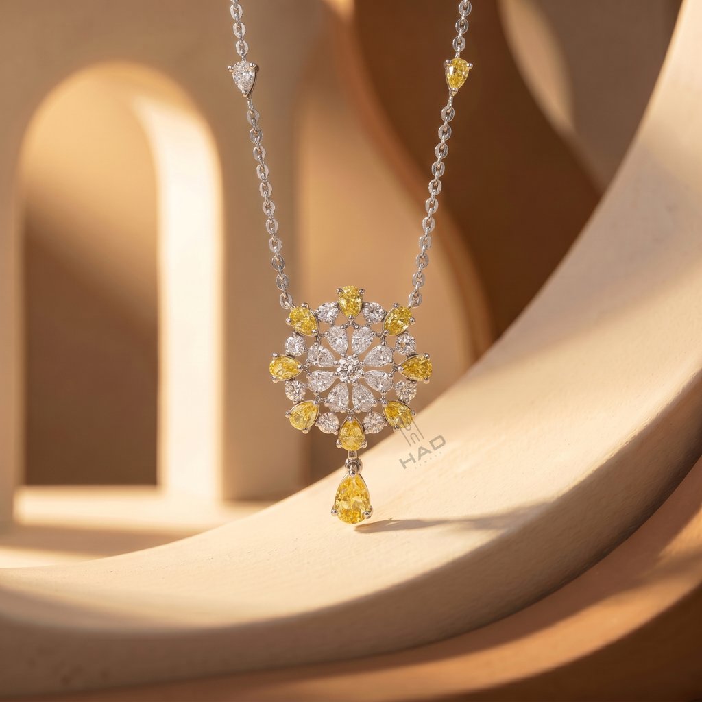 Multi Yellow Pear Lab Diamond Geometric Circle Pendant Chain Necklace