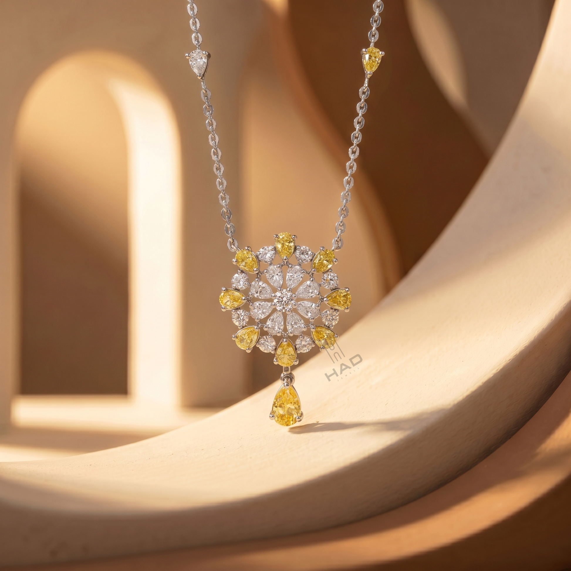 Multi Yellow Pear Lab Diamond Geometric Circle Pendant Chain Necklace