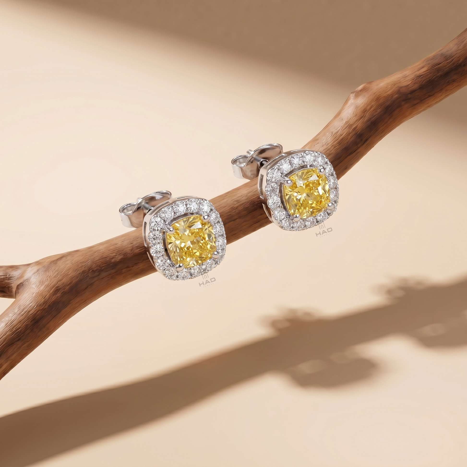 Canary Yellow Cushion Lab Diamond Pave Halo Stud Earrings