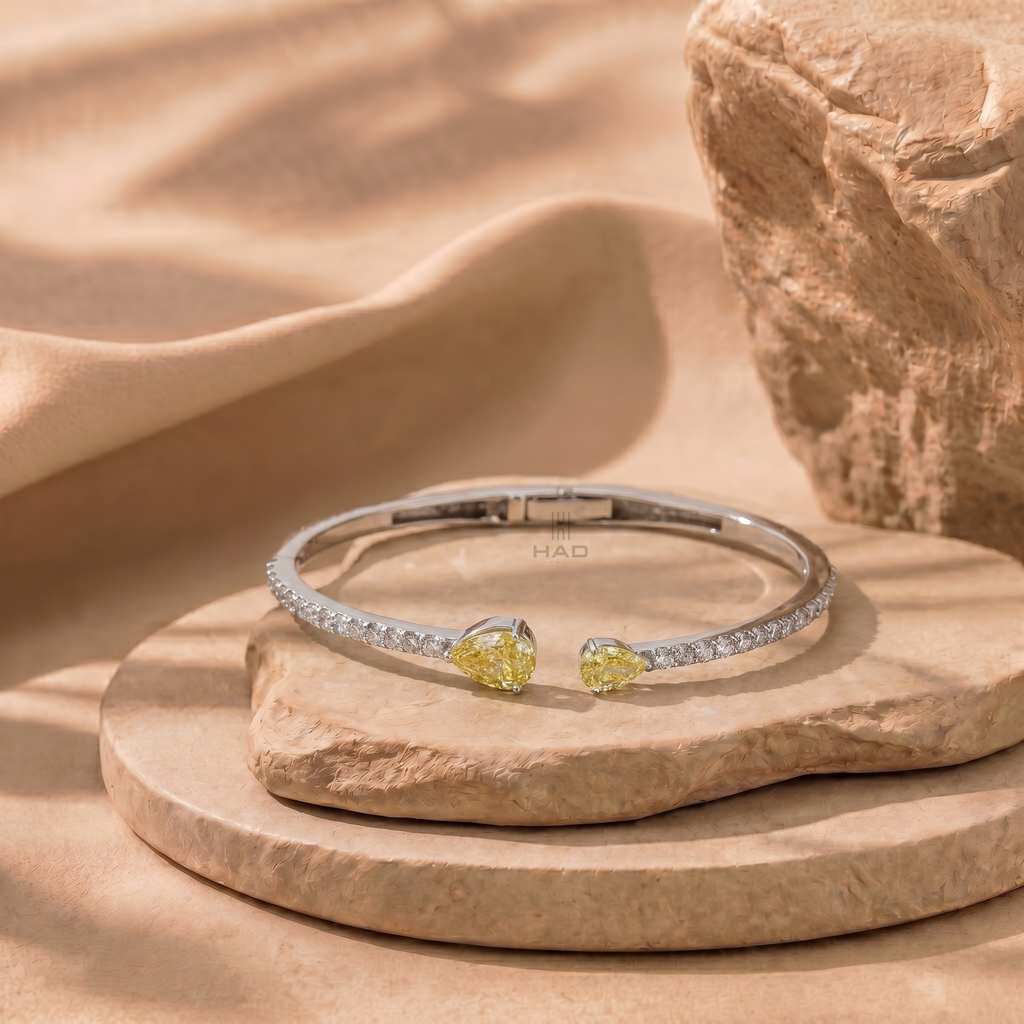 Double Yellow Pear Cut Lab Diamond Open Cuff Bracelet