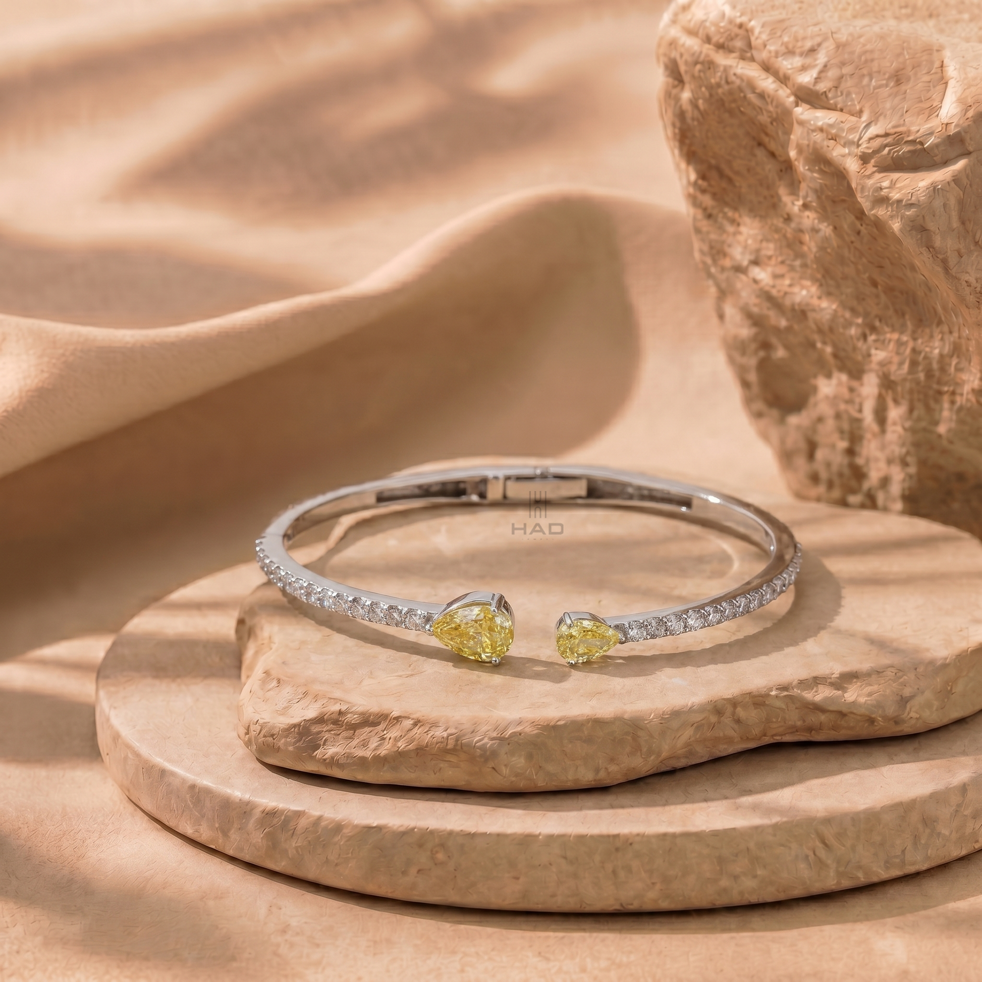 Double Yellow Pear Cut Lab Diamond Open Cuff Bracelet
