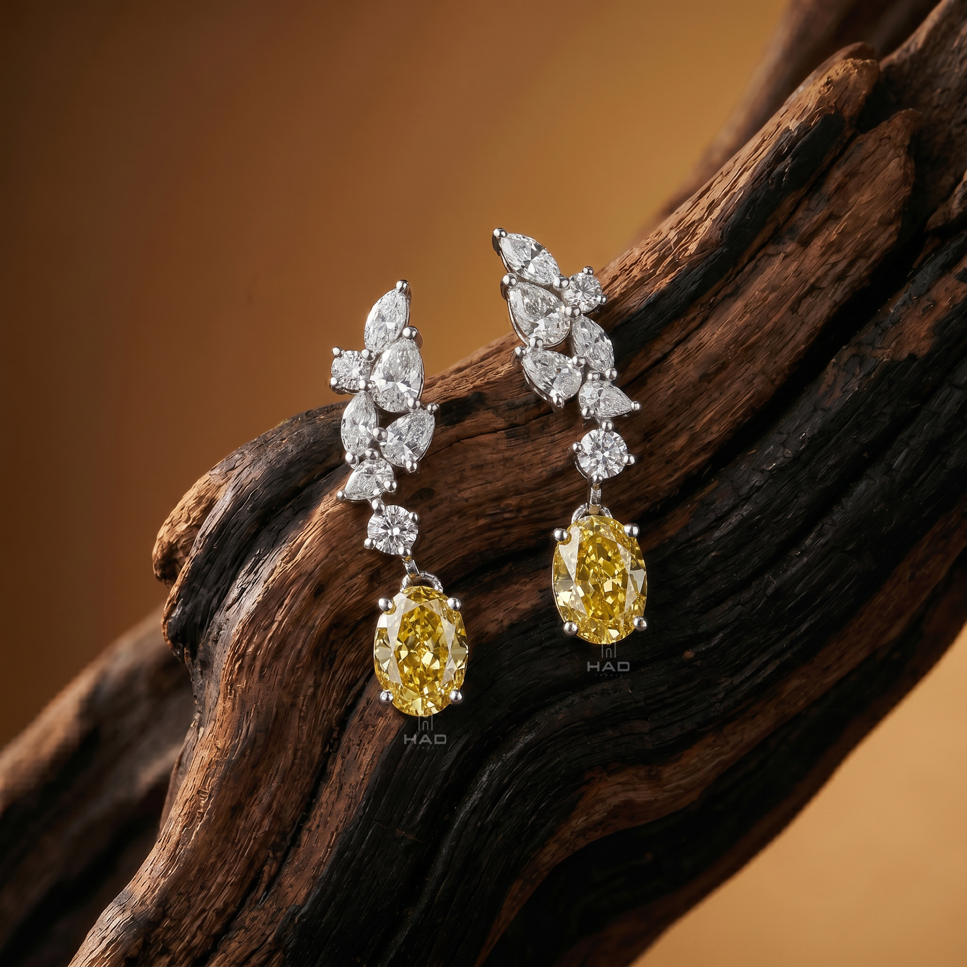 Oval Cut Yellow Lab Diamond Marquise Cluster Drop Earrings