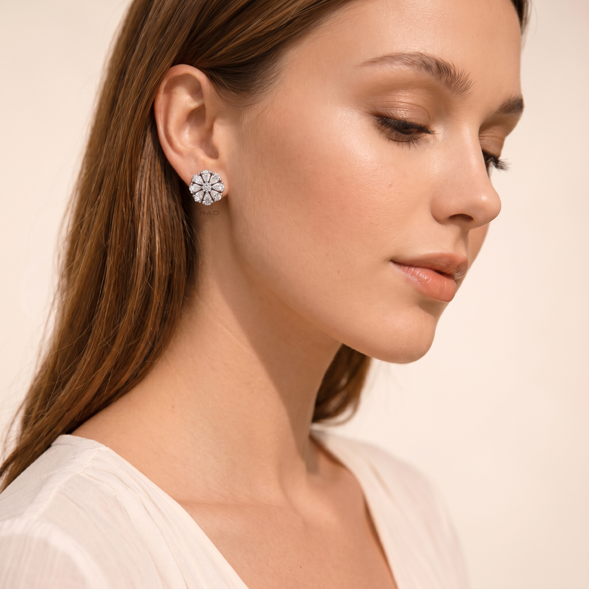 Pear Cut Lab Diamond Flower Rosette Cluster Stud Earrings