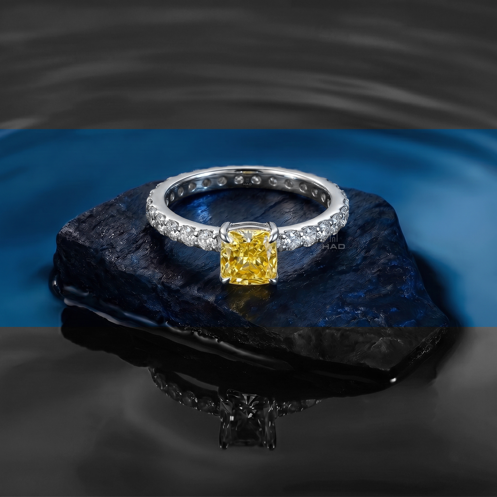 Cushion Cut Yellow Lab Diamond Engagement Ring with Eternity Band