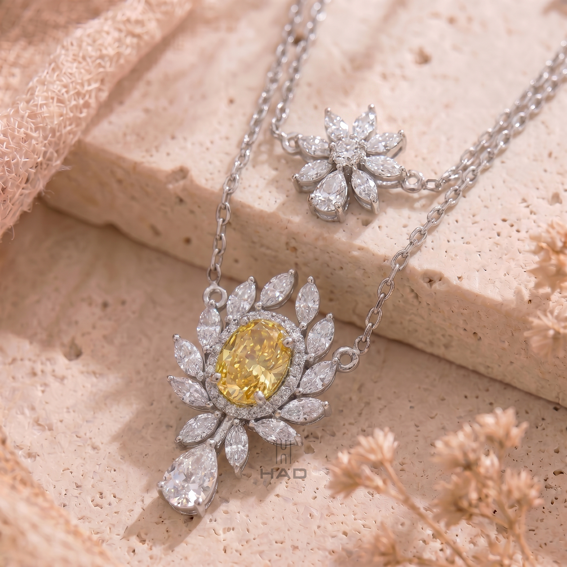 Yellow Oval Diamond Pendant with Chain Necklace