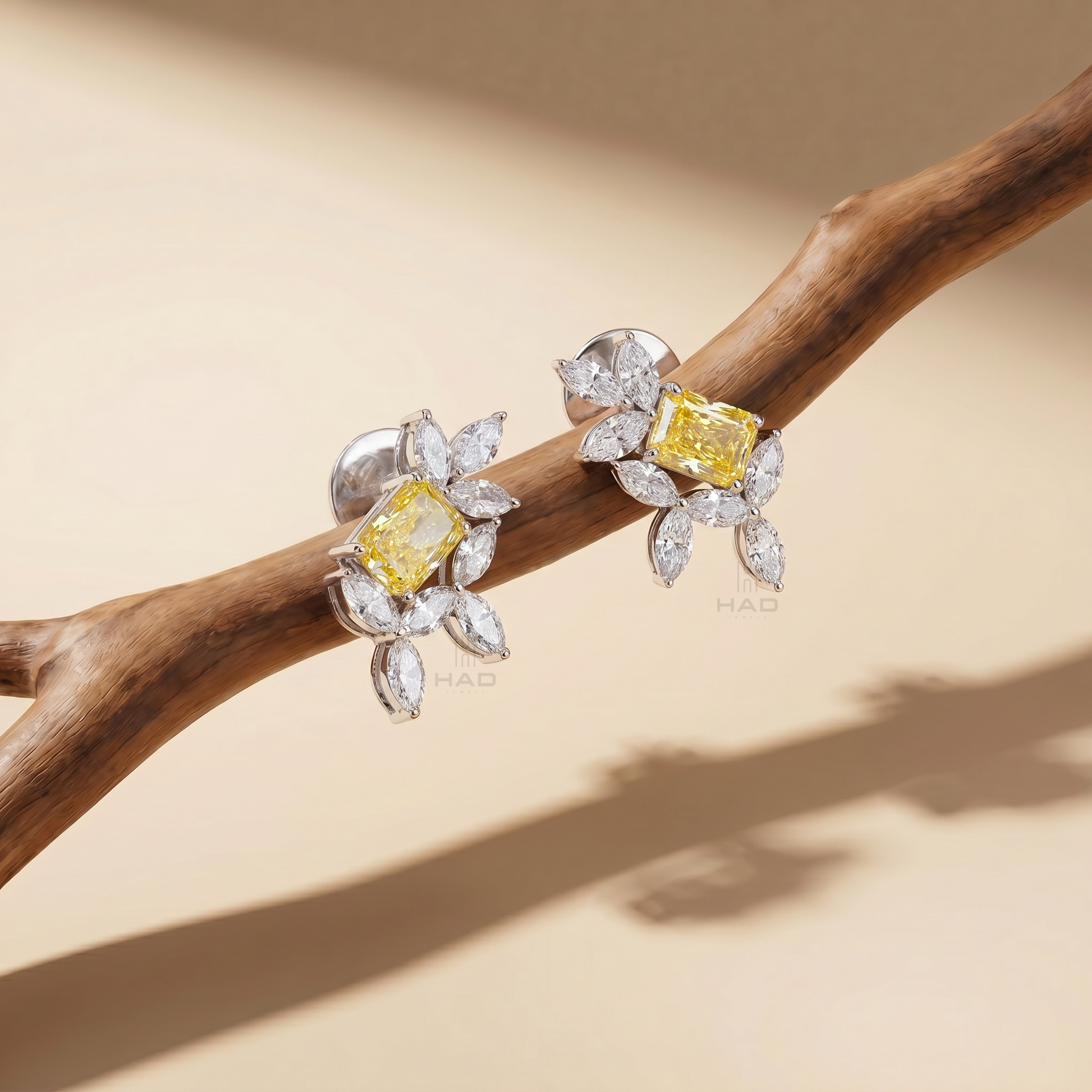 Yellow Radiant Lab Diamond Marquise Floral Branch Stud Earrings