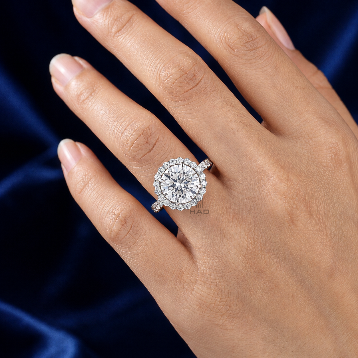 Round Brilliant Cut Lab Diamond Halo Engagement Ring with Eternity Band