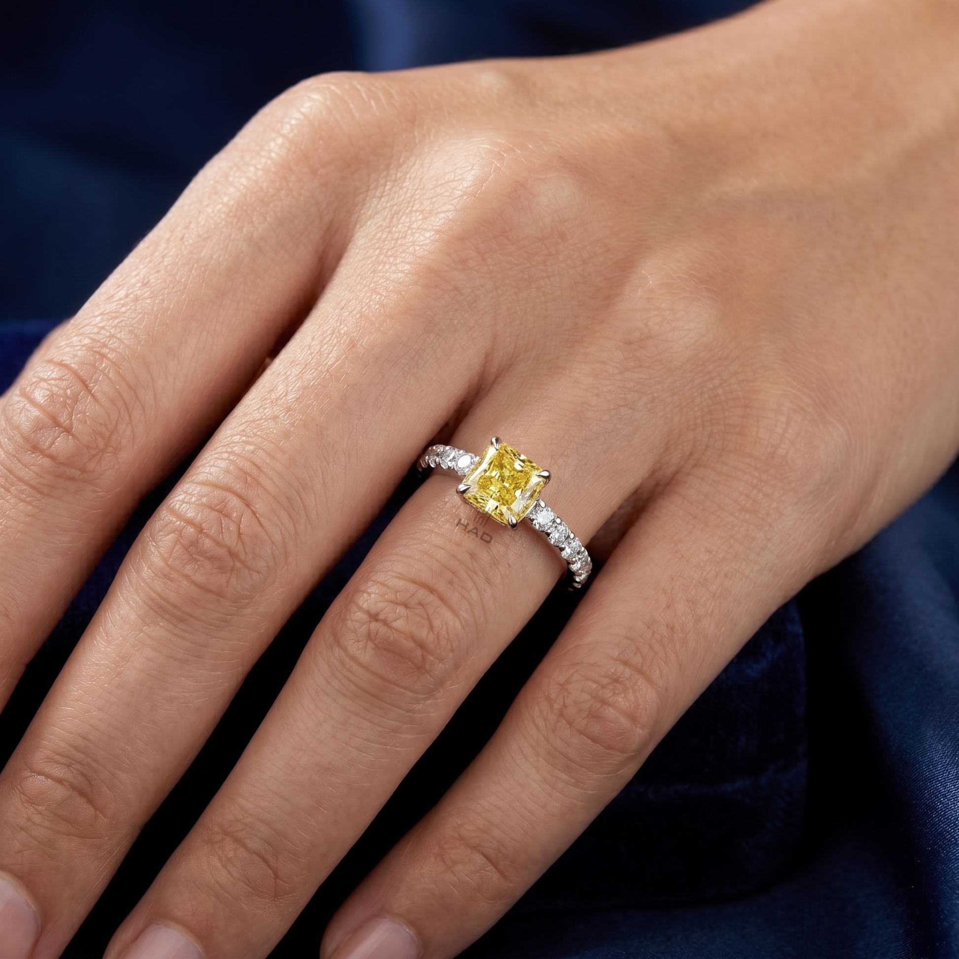 Cushion Cut Yellow Lab Diamond Engagement Ring with Eternity Band