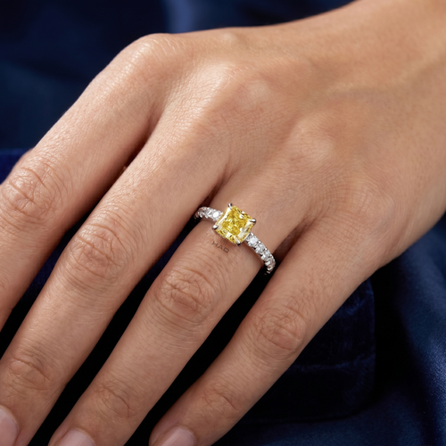 Cushion Cut Yellow Lab Diamond Engagement Ring with Eternity Band