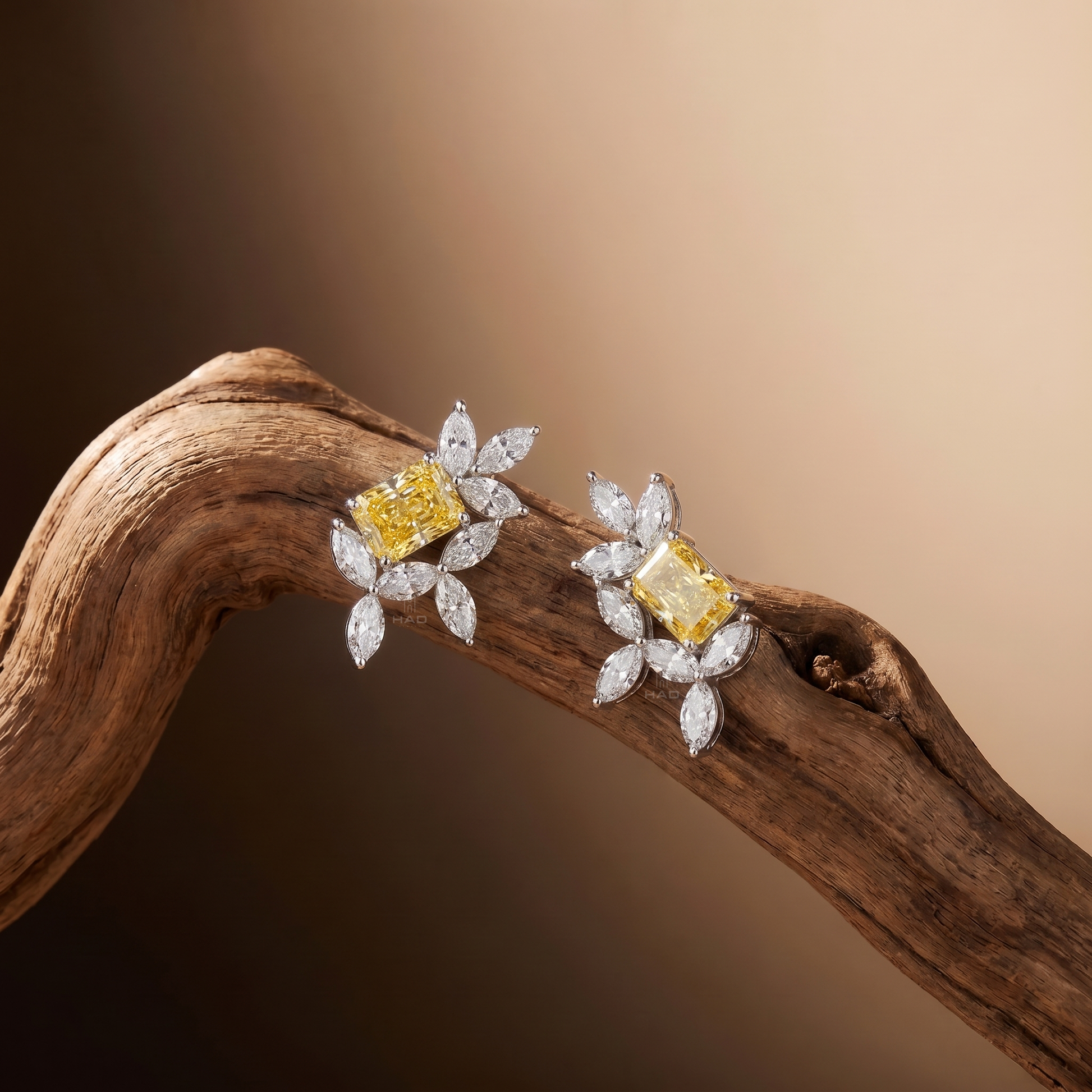Yellow Radiant Lab Diamond Marquise Floral Branch Stud Earrings