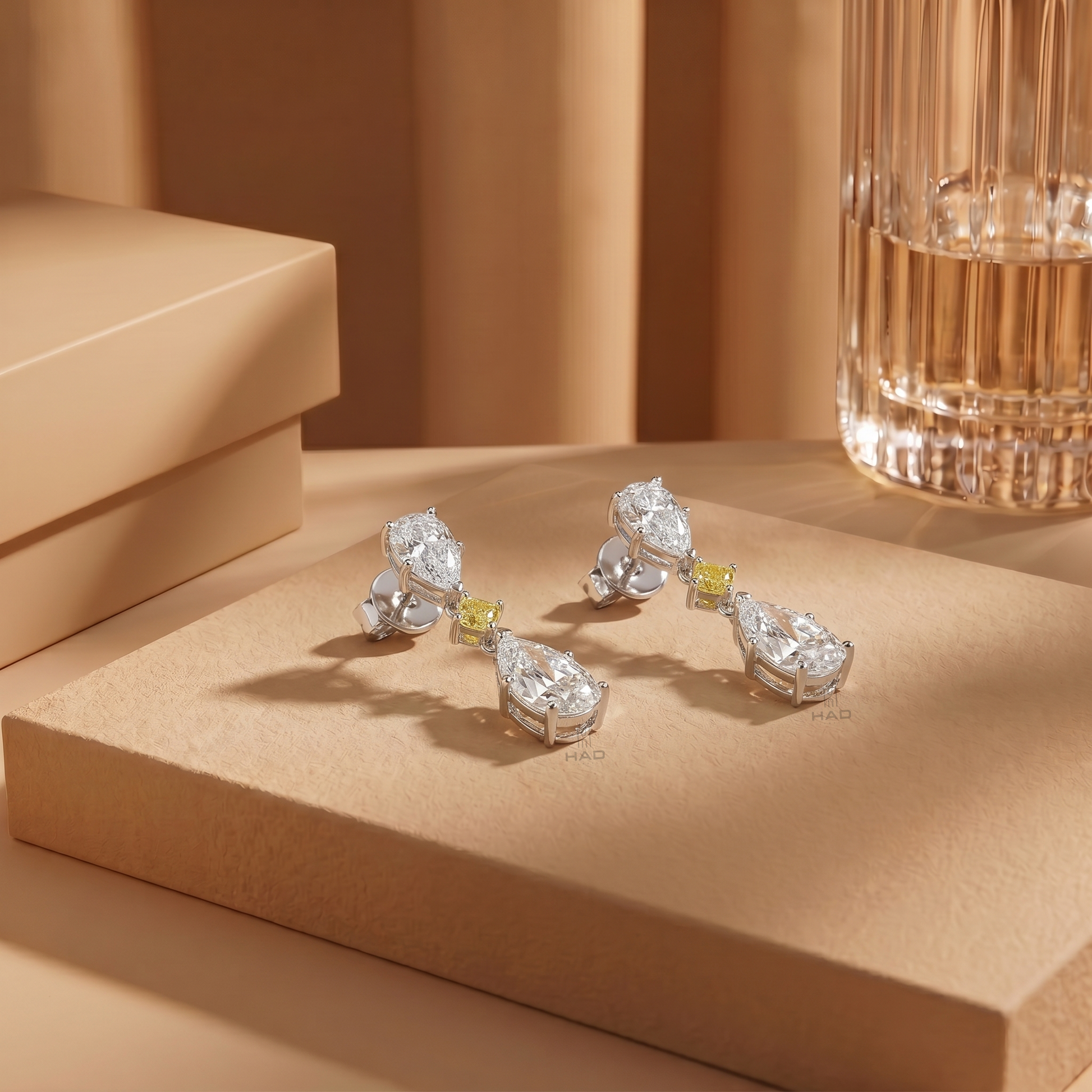 Double Pear Lab Grown Diamond Earrings with Yellow Round Link