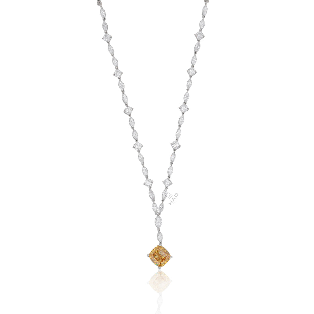 Yellow Cushion Diamond Solitaire Pendant with Marquise Cluster Chain Necklace