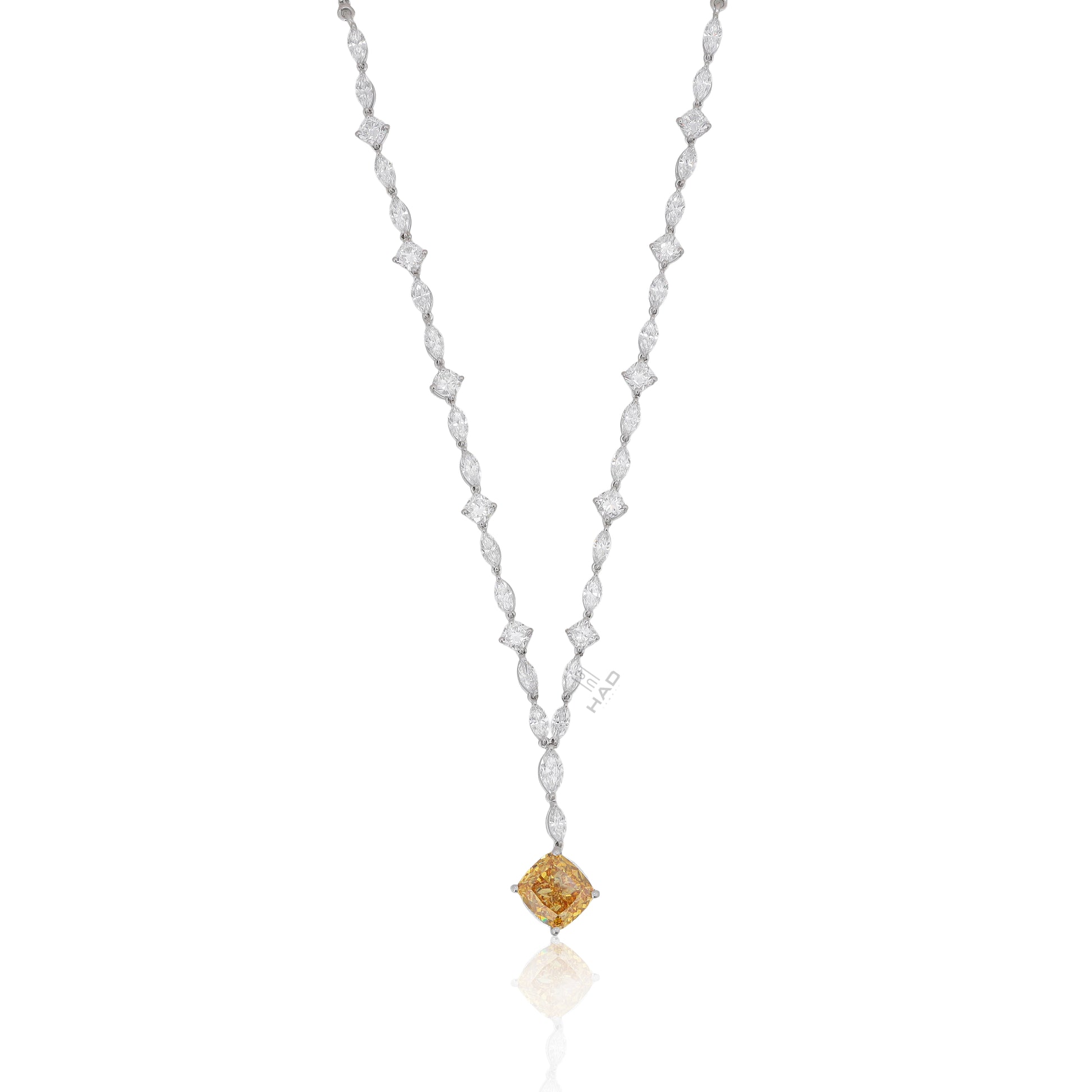 Yellow Cushion Diamond Solitaire Pendant with Marquise Cluster Chain Necklace