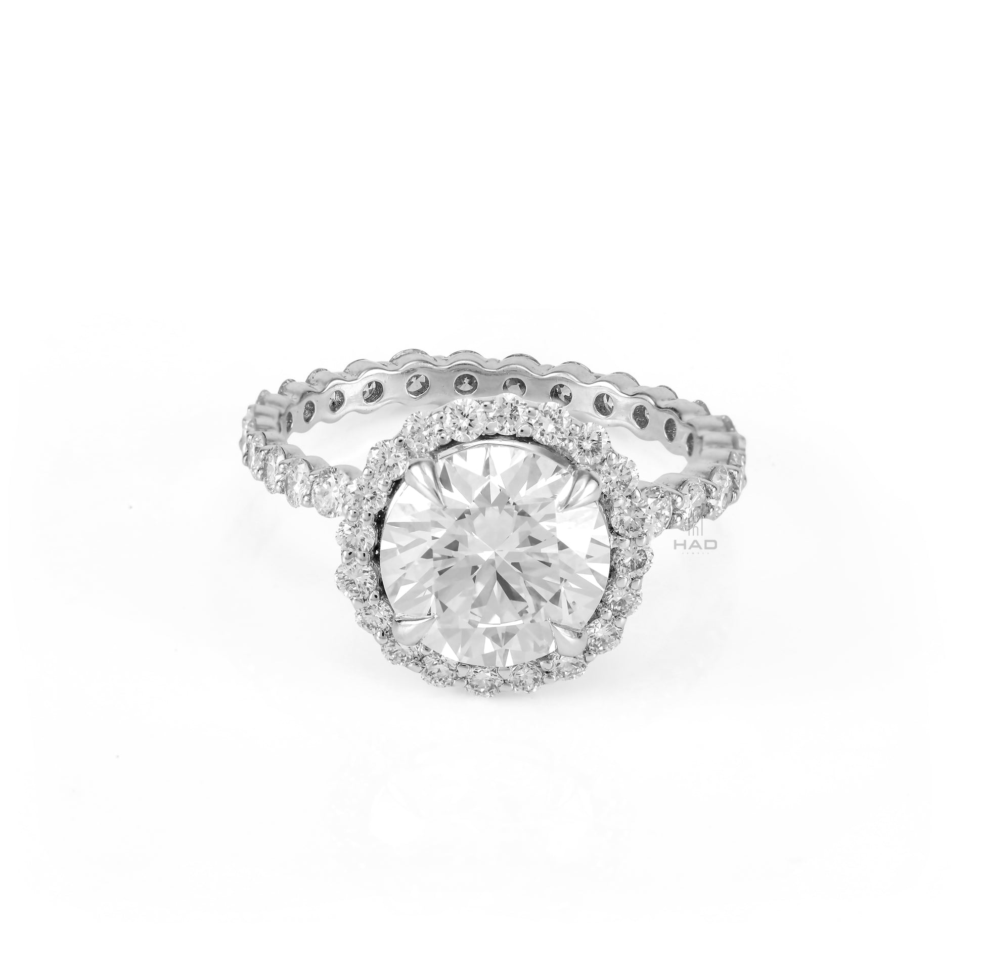 Round Brilliant Cut Lab Diamond Halo Engagement Ring with Eternity Band