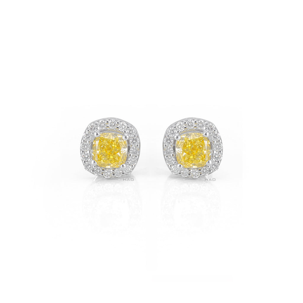 Canary Yellow Cushion Lab Diamond Pave Halo Stud Earrings