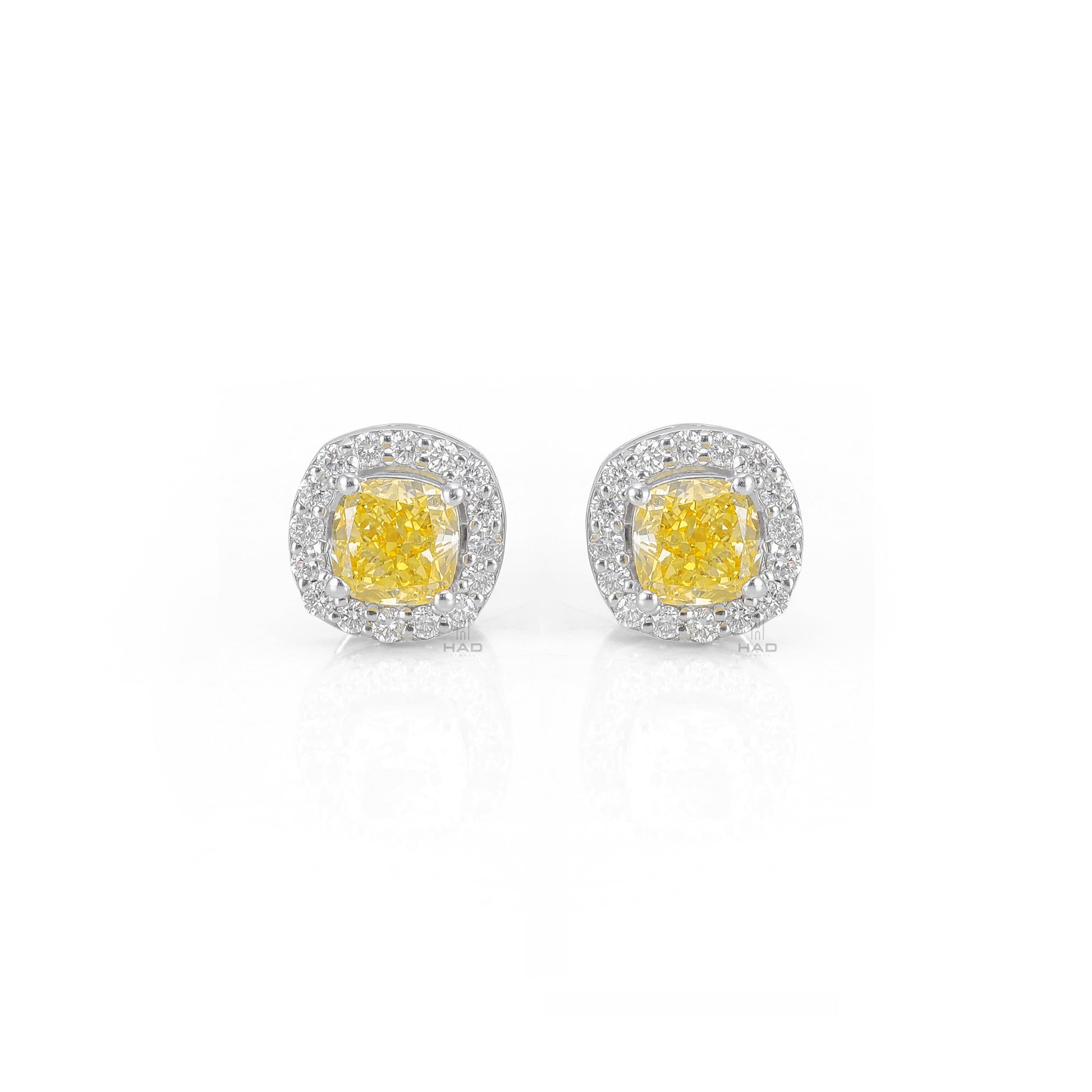 Canary Yellow Cushion Lab Diamond Pave Halo Stud Earrings