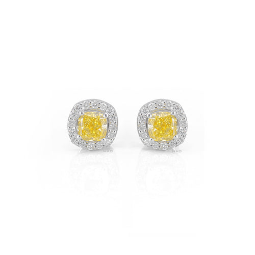 Canary Yellow Cushion Lab Diamond Pave Halo Stud Earrings