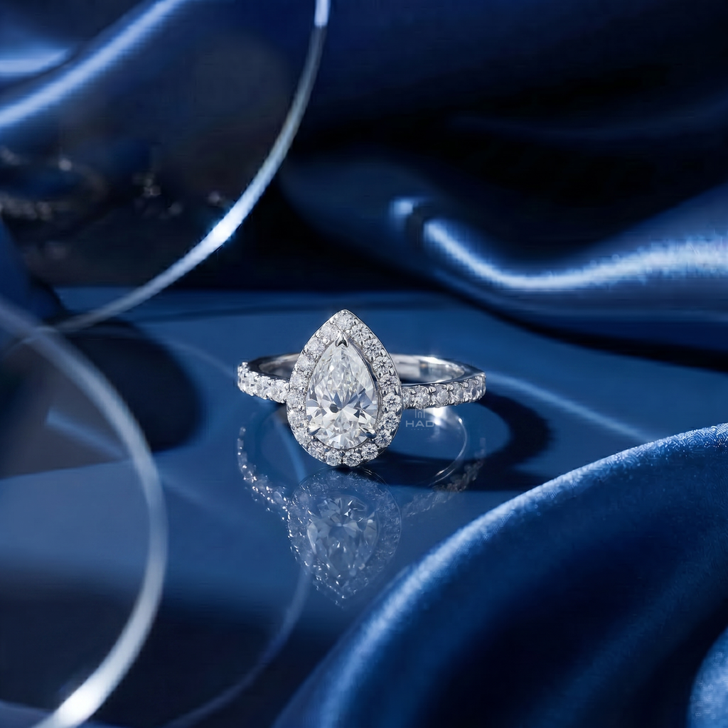 Pear Cut White Lab Diamond Engagement Ring with Eternity Band